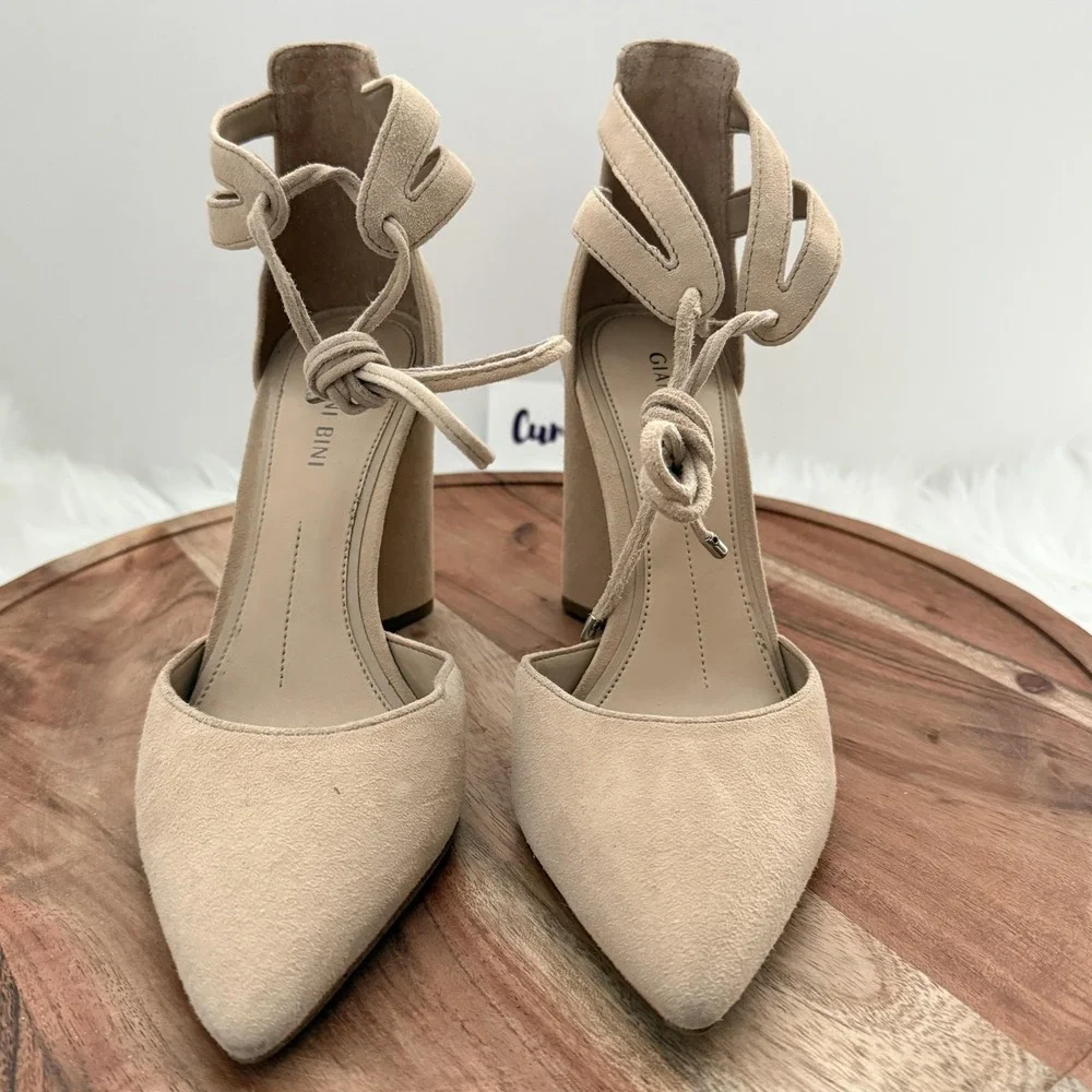 Gianni Bini Bealiina Pumps Womens 7M Tan Excellent Suede Lace Up Block Heel